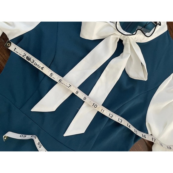 Allegra K Women's Size S Contrast Color Puff Sleeve Bow Flare Dress Teal Twee - Picture 8 of 12